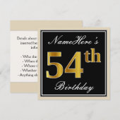 Elegant, zwart, Faux Gold 54th Birthday + naam Kaart (Voorkant / Achterkant)