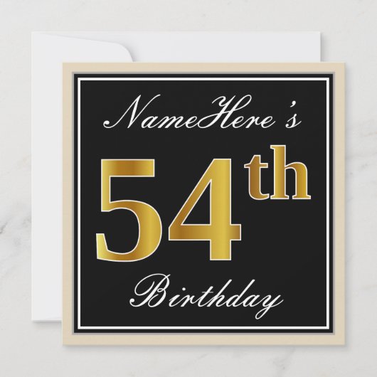Elegant, zwart, Faux Gold 54th Birthday + naam Kaart (Voorkant)