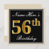 Elegant, zwart, Faux Gold 56th Birthday + naam Kaart (Voorkant / Achterkant)
