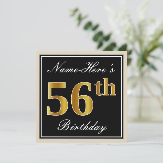 Elegant, zwart, Faux Gold 56th Birthday + naam Kaart (Staand voorkant)