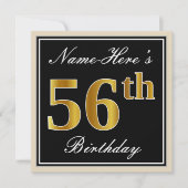 Elegant, zwart, Faux Gold 56th Birthday + naam Kaart (Voorkant)