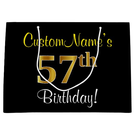 Elegant, zwart, Faux Gold 57th Birthday + naam Groot Cadeauzakje (Voorkant)