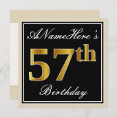 Elegant, zwart, Faux Gold 57th Birthday + naam Kaart (Voorkant / Achterkant)