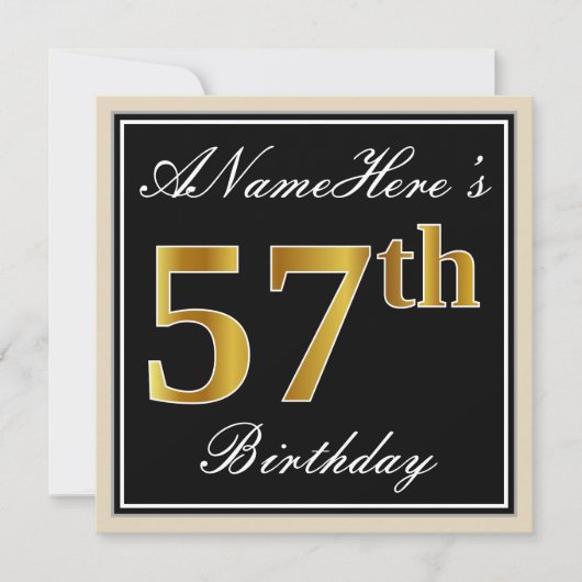 Elegant, zwart, Faux Gold 57th Birthday + naam Kaart (Voorkant)