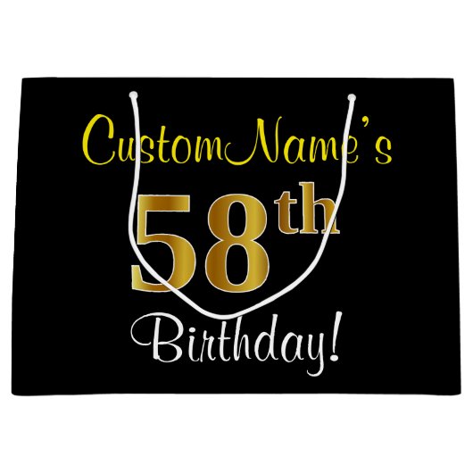 Elegant, zwart, Faux Gold 58th Birthday + naam Groot Cadeauzakje (Voorkant)
