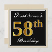 Elegant, zwart, Faux Gold 58th Birthday + naam Kaart (Voorkant / Achterkant)