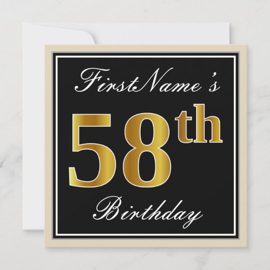 Elegant, zwart, Faux Gold 58th Birthday + naam Kaart (Voorkant)