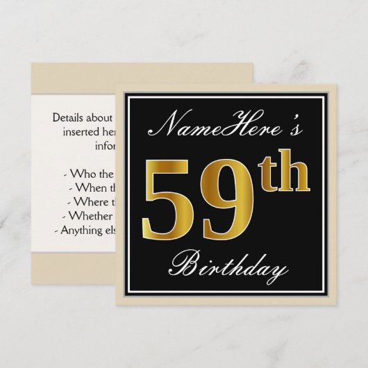 Elegant, zwart, Faux Gold 59th Birthday + naam Kaart (Voorkant / Achterkant)