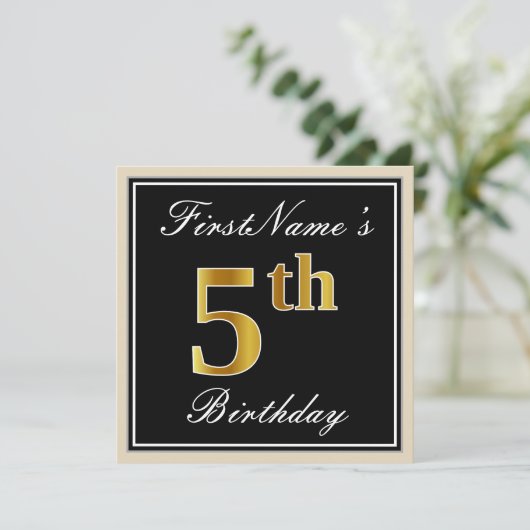 Elegant, zwart, Faux Gold 5th Birthday + naam Kaart (Staand voorkant)
