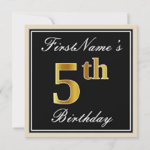 Elegant, zwart, Faux Gold 5th Birthday + naam
