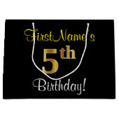Elegant, zwart, Faux Gold 5th Birthday + naam Large Cadeautasje (Voorkant)
