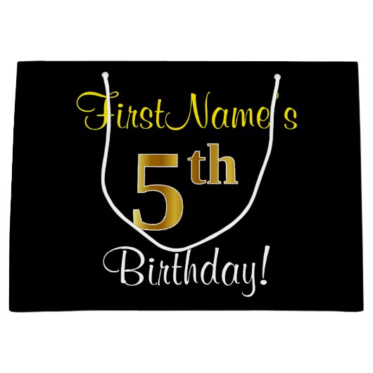 Elegant, zwart, Faux Gold 5th Birthday + naam Large Cadeautasje (Voorkant)