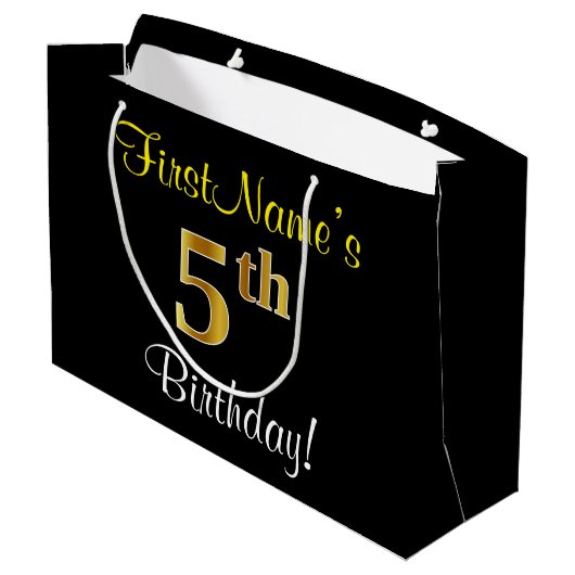 Elegant, zwart, Faux Gold 5th Birthday + naam Large Cadeautasje (Achterkant Gekanteld)