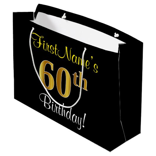 Elegant, Zwart, Faux Gold 60ste verjaardag + Naam Groot Cadeauzakje (Achterkant Gekanteld)