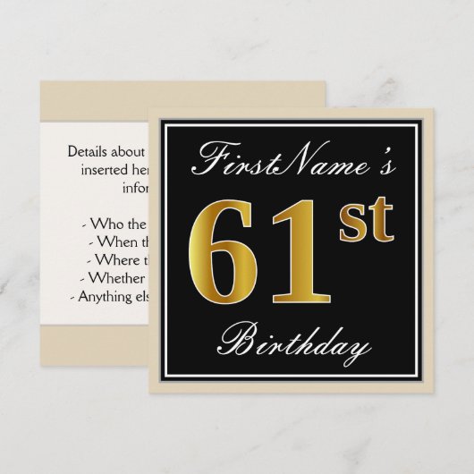 Elegant, zwart, Faux Gold 61st geboortedag + naam Kaart (Voorkant / Achterkant)