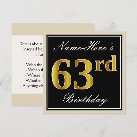 Elegant, zwart, Faux Gold 63rd Birthday + naam Kaart (Voorkant / Achterkant)