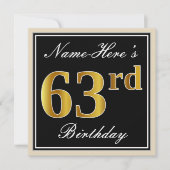 Elegant, zwart, Faux Gold 63rd Birthday + naam Kaart (Voorkant)
