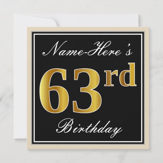 Elegant, zwart, Faux Gold 63rd Birthday + naam Kaart (Voorkant)