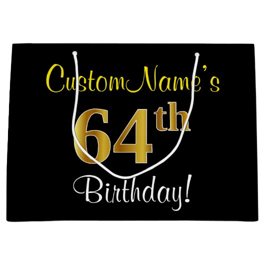 Elegant, zwart, Faux Gold 64th Birthday + naam Groot Cadeauzakje (Voorkant)