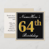 Elegant, zwart, Faux Gold 64th Birthday + naam Kaart (Voorkant / Achterkant)