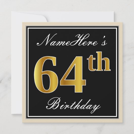 Elegant, zwart, Faux Gold 64th Birthday + naam Kaart (Voorkant)