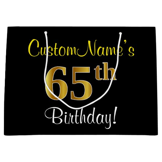 Elegant, zwart, Faux Gold 65th Birthday + naam Groot Cadeauzakje (Voorkant)