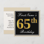 Elegant, zwart, Faux Gold 65th Birthday + naam Kaart (Voorkant / Achterkant)
