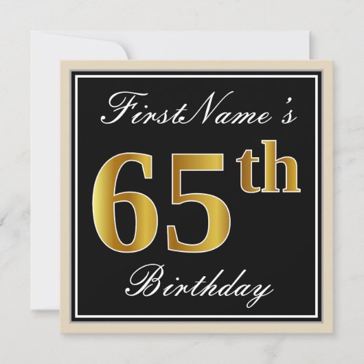Elegant, zwart, Faux Gold 65th Birthday + naam Kaart (Voorkant)