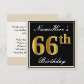 Elegant, zwart, Faux Gold 66th Birthday + naam Kaart (Voorkant / Achterkant)
