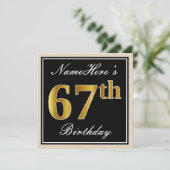 Elegant, zwart, Faux Gold 67th Birthday + naam Kaart (Staand voorkant)