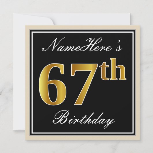 Elegant, zwart, Faux Gold 67th Birthday + naam Kaart (Voorkant)