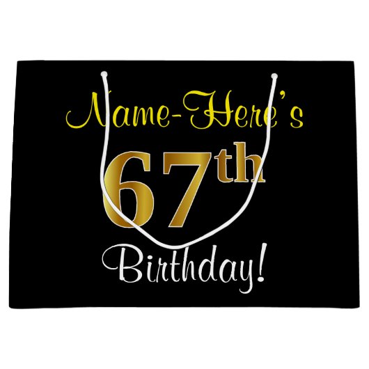 Elegant, zwart, Faux Gold 67th Birthday + naam Large Cadeautasje (Voorkant)