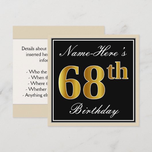 Elegant, zwart, Faux Gold 68th Birthday + naam Kaart (Voorkant / Achterkant)