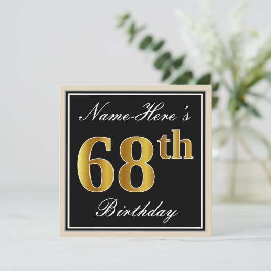 Elegant, zwart, Faux Gold 68th Birthday + naam Kaart (Staand voorkant)