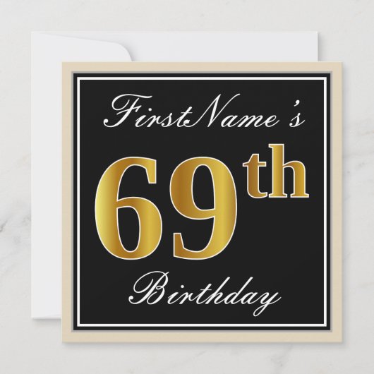 Elegant, zwart, Faux Gold 69th Birthday + naam Kaart (Voorkant)