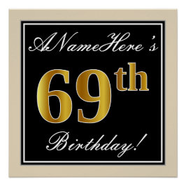 Elegant, zwart, Faux Gold 69th Birthday + naam Poster