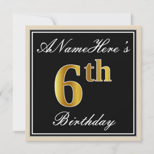 Elegant, zwart, Faux Gold 6th Birthday + naam Kaart