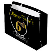 Elegant, zwart, Faux Gold 6th Birthday + naam Large Cadeautasje (Achterkant Gekanteld)