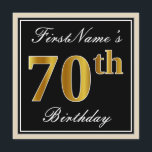 Elegant, zwart, Faux Gold 70th Birthday   naam Kaart<br><div class="desc">Dit eenvoudige en elegante uitnodigingsontwerp voor verjaardagsfeestjes heeft een gepersonaliseerde boodschap zoals "FirstName’s 70th Birthday" (met de "70th" met een faux/imitatie goudachtige kleurlook) in een zwart gekleurd vierkant met een eenvoudige randomtrek. De naam is in een elegante wit-gekleurde script-achtige tekst, en kan worden gepersonaliseerd. De achterkant bevat gepersonaliseerde uitnodigingsdetails. Een...</div>