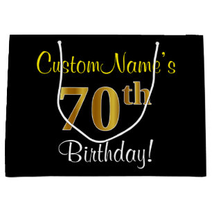 Elegant, zwart, Faux Gold 70th Birthday + naam Large Cadeautasje