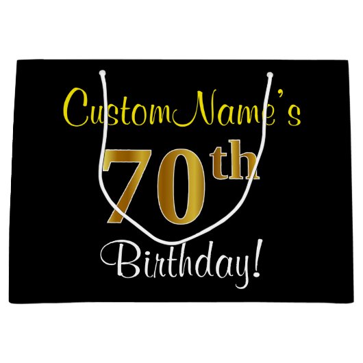 Elegant, zwart, Faux Gold 70th Birthday + naam Large Cadeautasje (Voorkant)