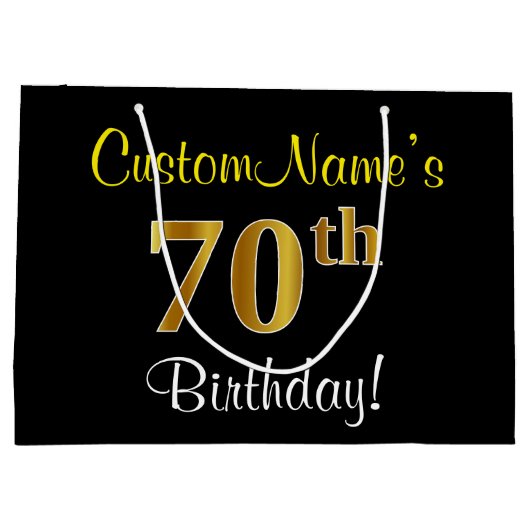 Elegant, zwart, Faux Gold 70th Birthday + naam Large Cadeautasje (Achterkant)