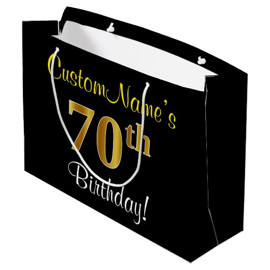 Elegant, zwart, Faux Gold 70th Birthday + naam Large Cadeautasje (Achterkant Gekanteld)