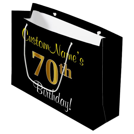 Elegant, zwart, Faux Gold 70th Birthday + naam Large Cadeautasje (Voorkant Gekanteld)