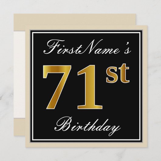 Elegant, zwart, Faux Gold 71st geboortedag + naam Kaart (Voorkant / Achterkant)