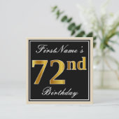 Elegant, zwart, Faux Gold 72e verjaardag + naam Kaart (Staand voorkant)