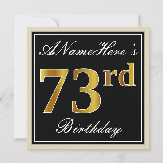 Elegant, zwart, Faux Gold 73rd Birthday + naam Kaart (Voorkant)