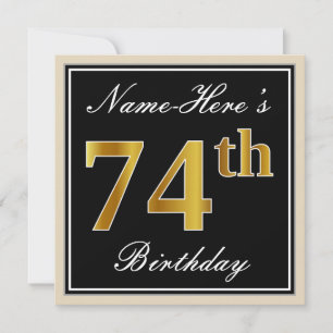 Elegant, zwart, Faux Gold 74th Birthday + naam Kaart