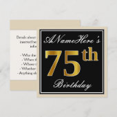 Elegant, zwart, Faux Gold 75th Birthday + naam Kaart (Voorkant / Achterkant)