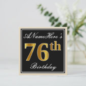 Elegant, zwart, Faux Gold 76th Birthday + naam Kaart (Staand voorkant)